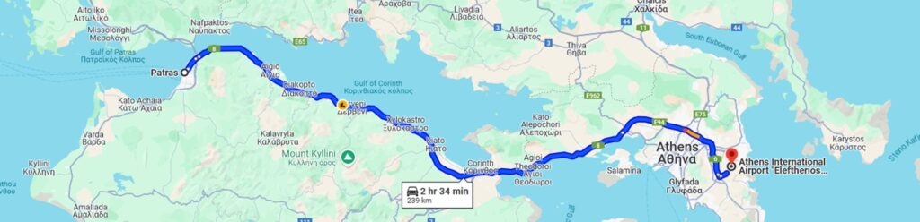 Map with route from Athens to Patras